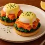 Close-up of a gourmet Eggs Florentine with spinach, smoked salmon, a perfectly poached egg, and drizzled creamy hollandaise sauce on a toasted English muffin.