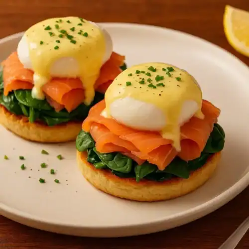 Close-up of a gourmet Eggs Florentine with spinach, smoked salmon, a perfectly poached egg, and drizzled creamy hollandaise sauce on a toasted English muffin.