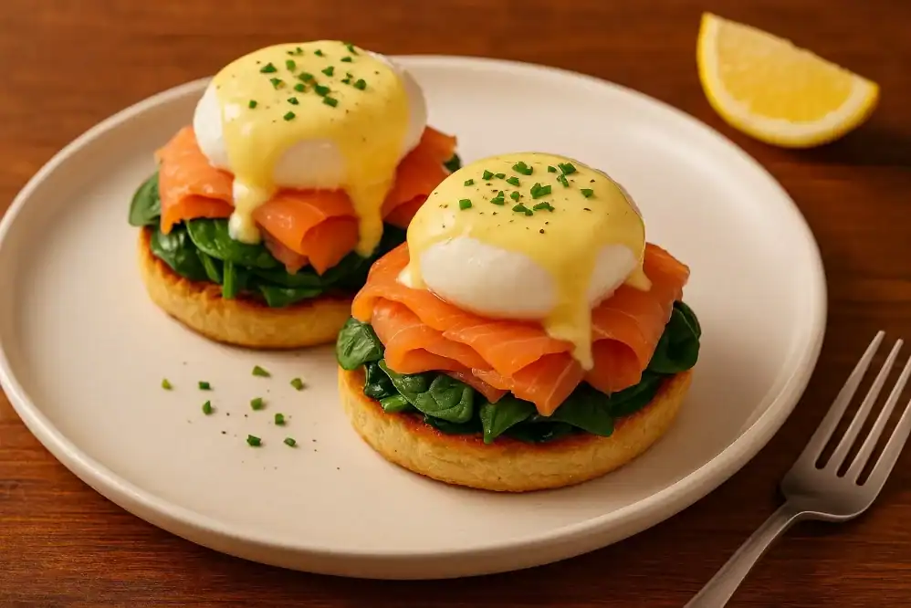 Close-up of a gourmet Eggs Florentine with spinach, smoked salmon, a perfectly poached egg, and drizzled creamy hollandaise sauce on a toasted English muffin.