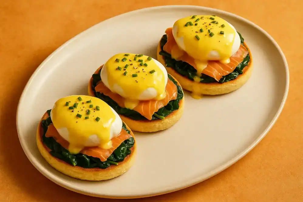 Three Eggs Florentine with spinach, smoked salmon, poached eggs, and hollandaise sauce served on a warm-toned oval plate.