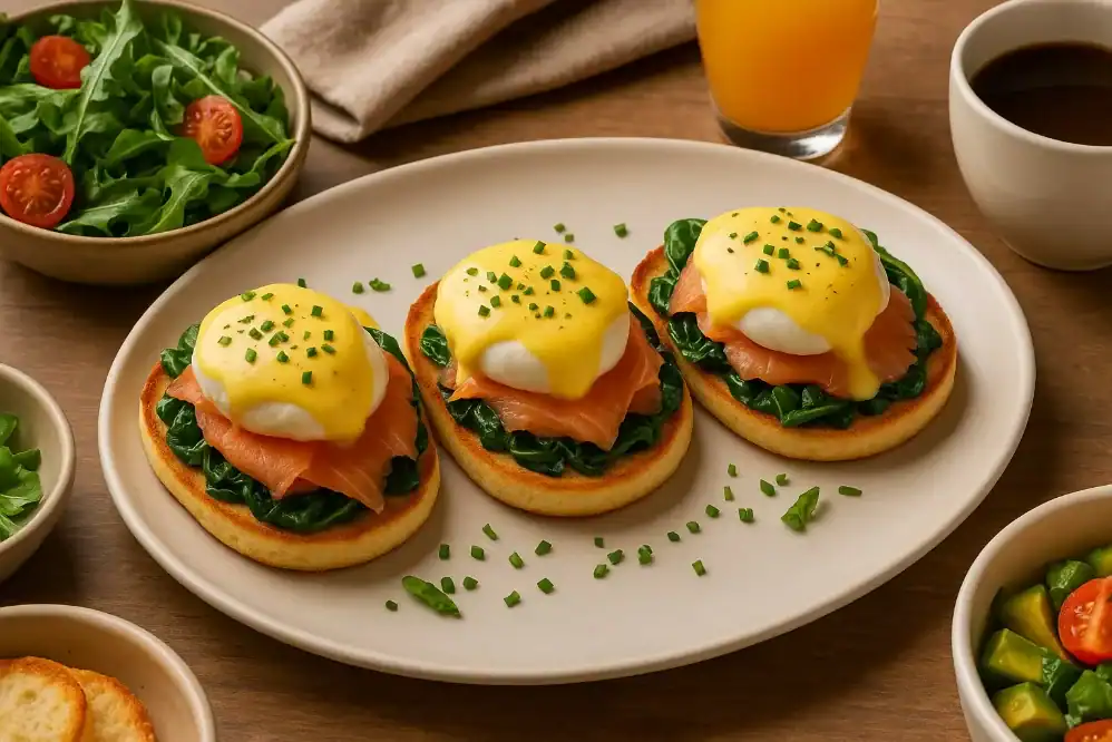 Three servings of Eggs Florentine with smoked salmon, poached eggs, and hollandaise sauce on an oval plate, served with salad, juice, and coffee.