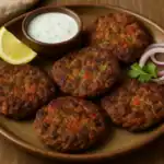 Golden-brown chapli kebabs served on a brown plate with yogurt sauce, lemon wedge, red onion rings, and fresh cilantro