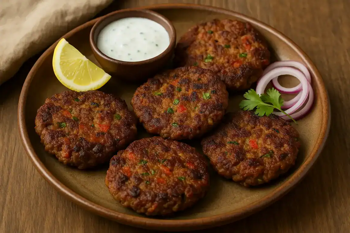 Golden-brown chapli kebabs served on a brown plate with yogurt sauce, lemon wedge, red onion rings, and fresh cilantro