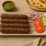 Seekh kebabs served on a rectangular plate with sliced onions, tomatoes, cucumbers, naan, chutney, and yellow rice.
