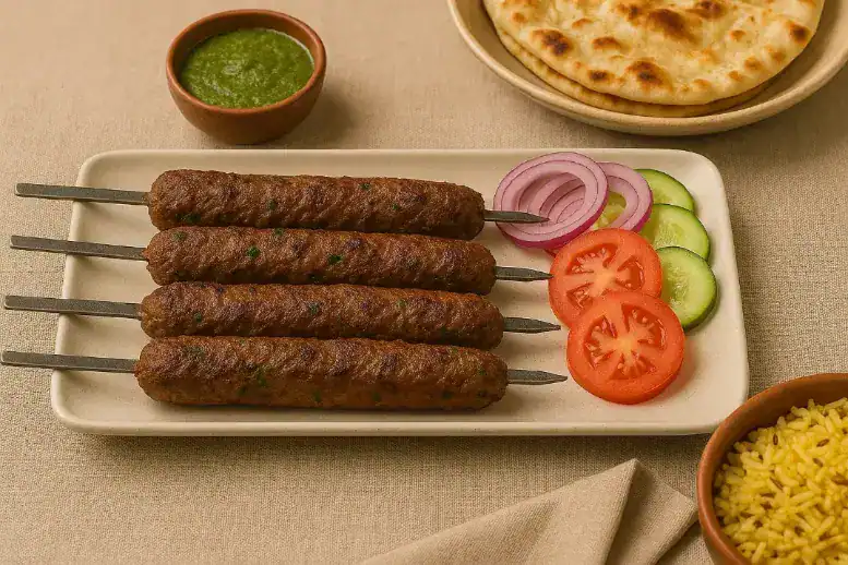 Seekh kebabs served on a rectangular plate with sliced onions, tomatoes, cucumbers, naan, chutney, and yellow rice.