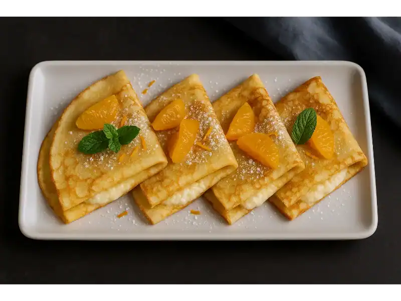 Four folded orange ricotta crepes on a rectangular white plate, topped with orange slices, powdered sugar, and mint.