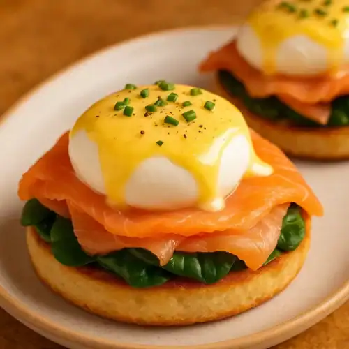 Close-up of Eggs Florentine with smoked salmon, poached egg, and hollandaise sauce on a toasted muffin with spinach.