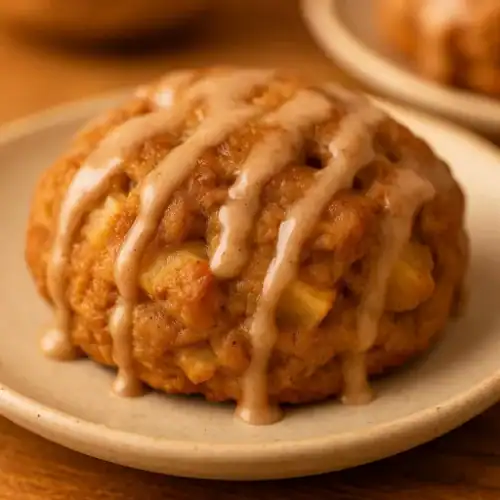 Close-up of a healthy baked apple fritter with cinnamon glaze on a plate