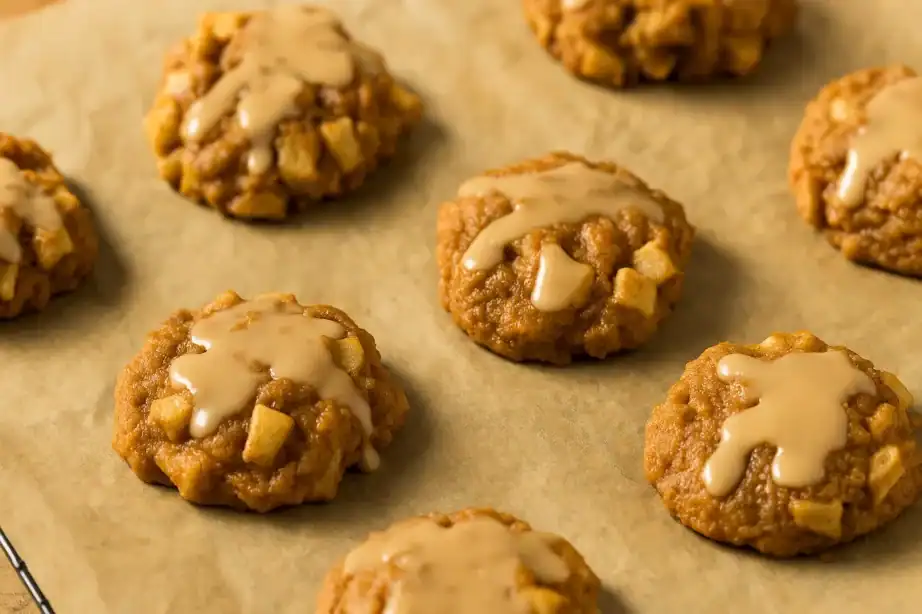 Raw baked apple fritters with cinnamon glaze on parchment paper