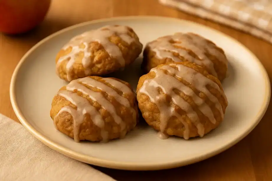 Freshly baked apple fritters with cinnamon glaze served on a plate