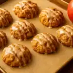 Tray of healthy baked apple fritters with cinnamon glaze and a fresh apple
