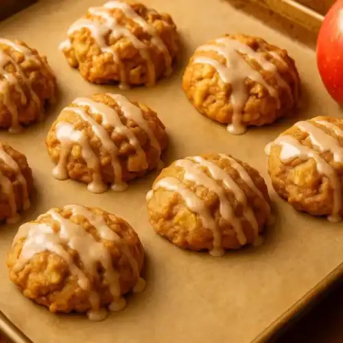 Tray of healthy baked apple fritters with cinnamon glaze and a fresh apple
