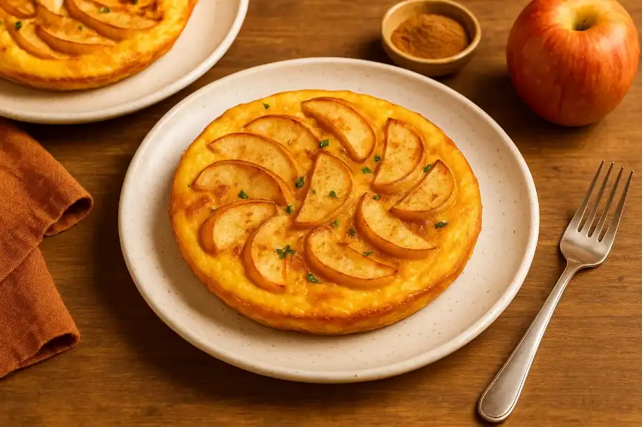 Whole apple frittata served on a plate with apple slices, herbs, and warm lighting on a wooden table