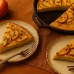 Sliced apple frittata served on ceramic plates with herbs, fork, and cast iron skillet