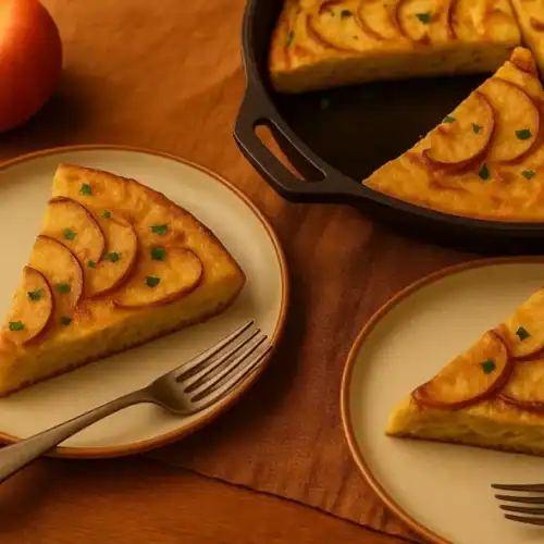 Sliced apple frittata served on ceramic plates with herbs, fork, and cast iron skillet