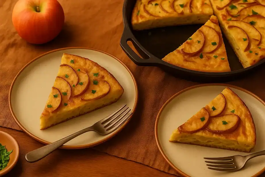 Sliced apple frittata served on ceramic plates with herbs, fork, and cast iron skillet