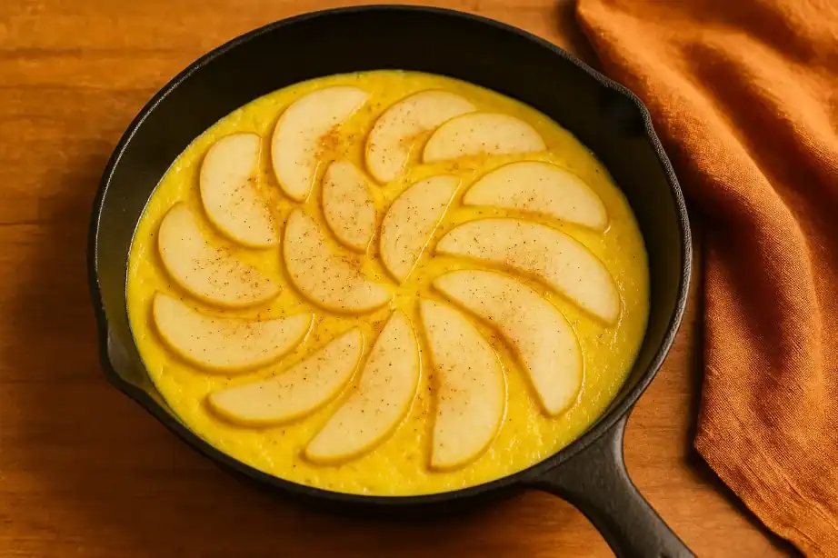 Raw apple frittata in a black skillet, topped with sliced apples and cinnamon, on a wooden table