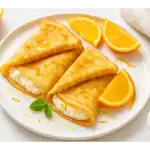 Three folded orange ricotta crepes on a white plate, served with orange slices, honey drizzle, and fresh mint.