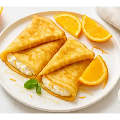 Three folded orange ricotta crepes on a white plate, served with orange slices, honey drizzle, and fresh mint.