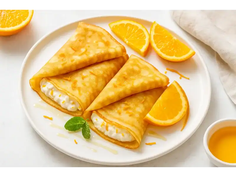 Three folded orange ricotta crepes on a white plate, served with orange slices, honey drizzle, and fresh mint.