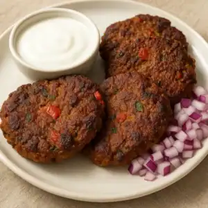 Four chapli kebabs served with yogurt sauce and diced red onions on a white plate