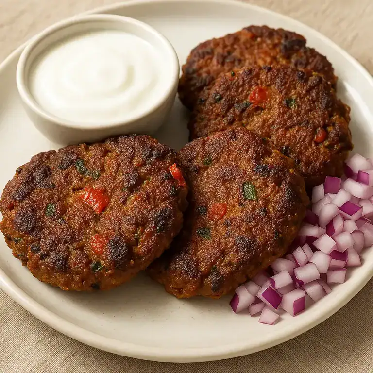 Four chapli kebabs served with yogurt sauce and diced red onions on a white plate