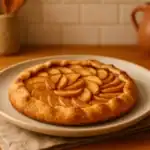 Freshly baked apple crostata on a ceramic plate, served on a wooden kitchen counter with warm lighting.