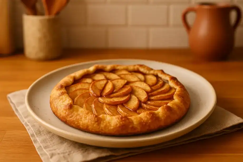 Freshly baked apple crostata on a ceramic plate, served on a wooden kitchen counter with warm lighting.