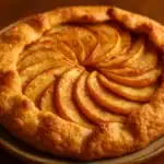 Close-up of a golden brown apple crostata with flaky crust and neatly arranged cinnamon apple slices.