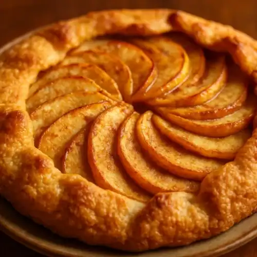 Close-up of a golden brown apple crostata with flaky crust and neatly arranged cinnamon apple slices.