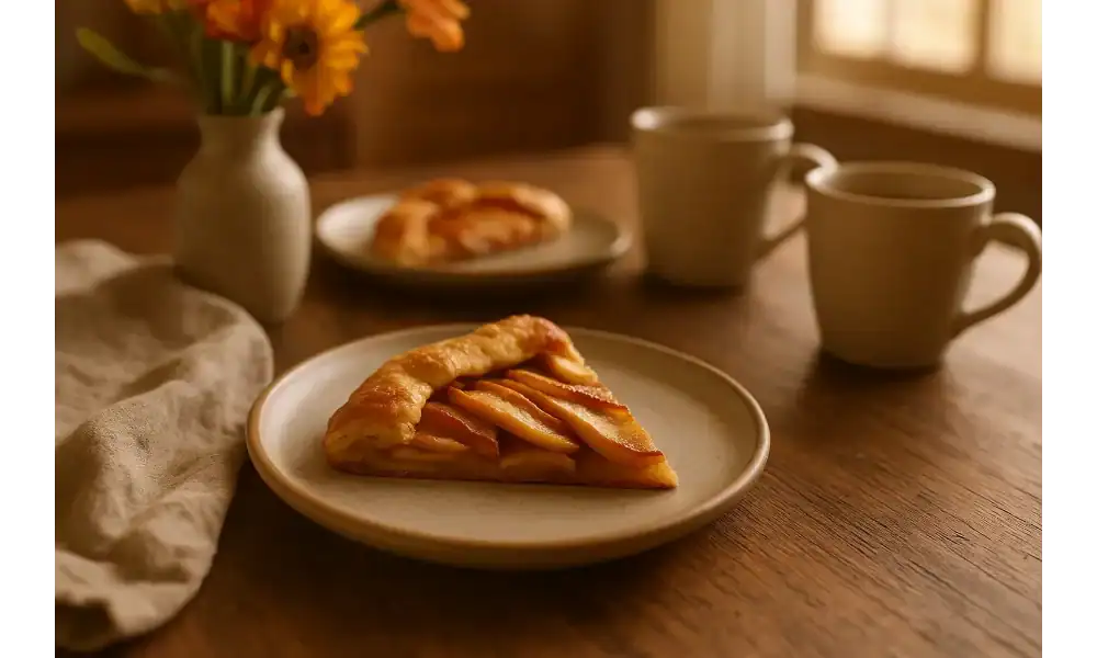Slice of apple crostata on a plate with coffee mugs and flowers on a wooden dining table in warm natural light.