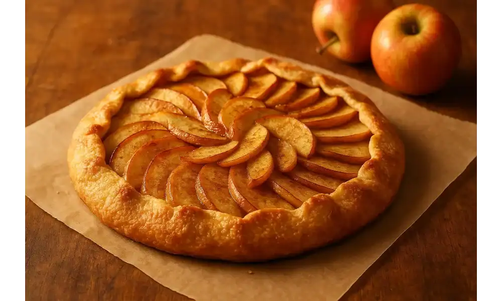 Whole apple crostata with golden crust and cinnamon apple slices on parchment paper, with fresh apples in the background.