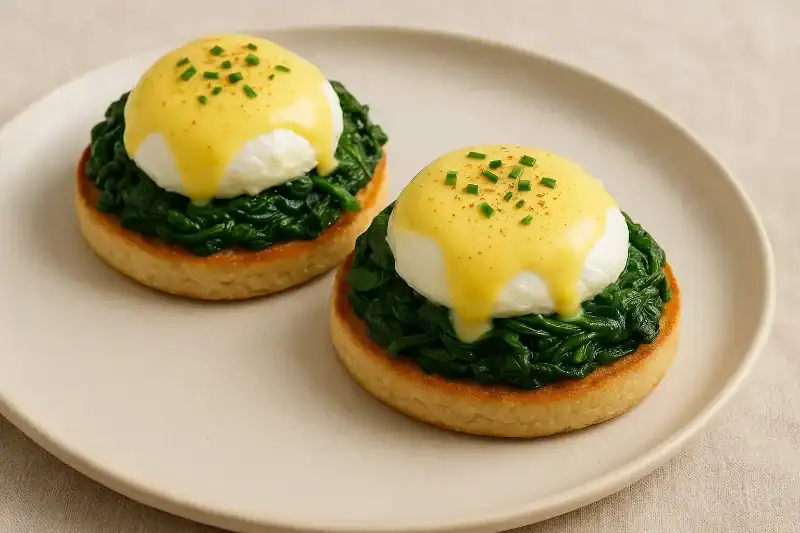 Two Eggs Florentine served on toasted English muffins with sautéed spinach, poached eggs, and hollandaise sauce.