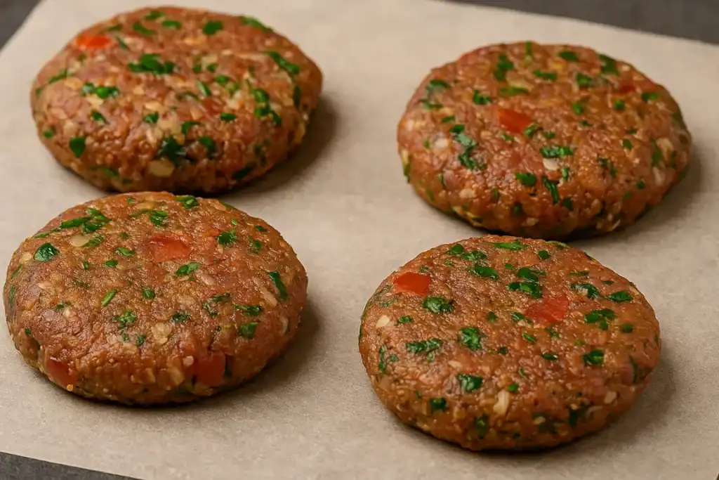 Raw chapli kebab patties with chopped herbs and spices on parchment paper