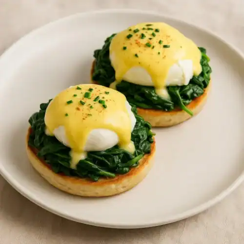 Eggs Florentine served on a white plate with poached eggs, spinach, and hollandaise sauce on toasted muffins.