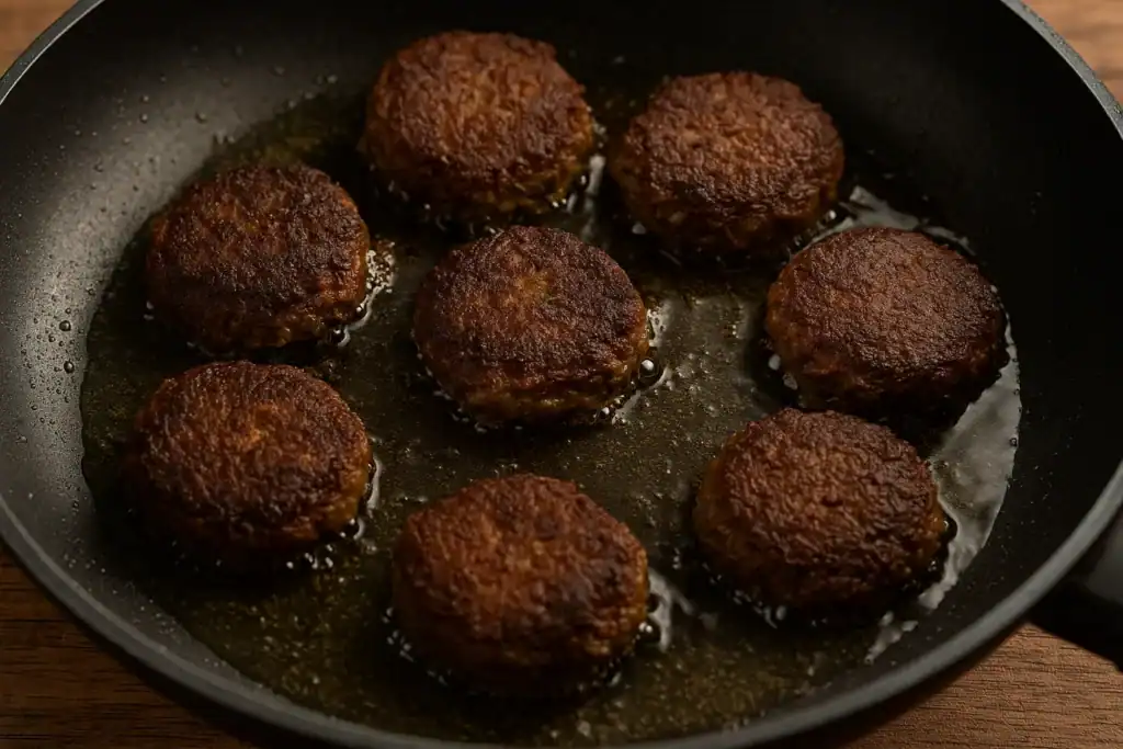 Galouti kebabs sizzling in a pan filled with hot oil, cooking to a golden-brown crust.