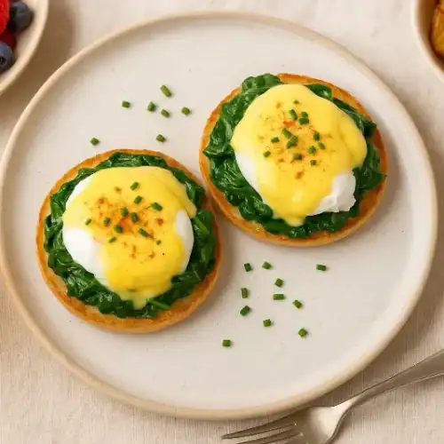 Eggs Florentine served on a plate with hollandaise sauce, spinach, poached eggs, and brunch sides like fruit, potatoes, and orange juice.
