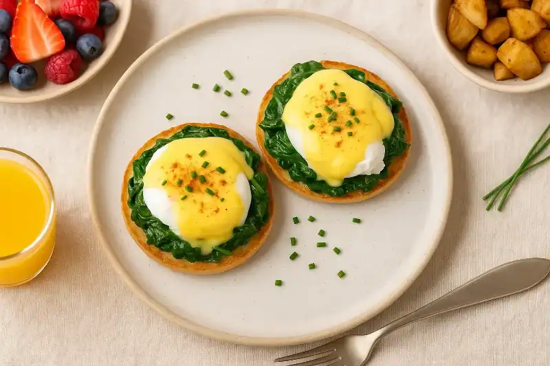 Eggs Florentine served on a plate with hollandaise sauce, spinach, poached eggs, and brunch sides like fruit, potatoes, and orange juice.