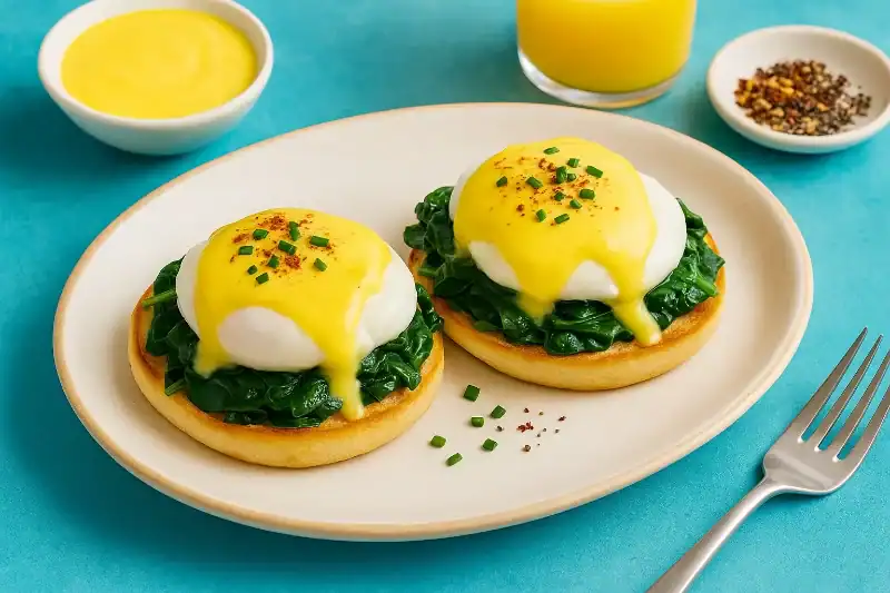 Eggs Florentine with poached eggs, spinach, and hollandaise sauce served on a white oval plate with brunch sides on a blue table.
