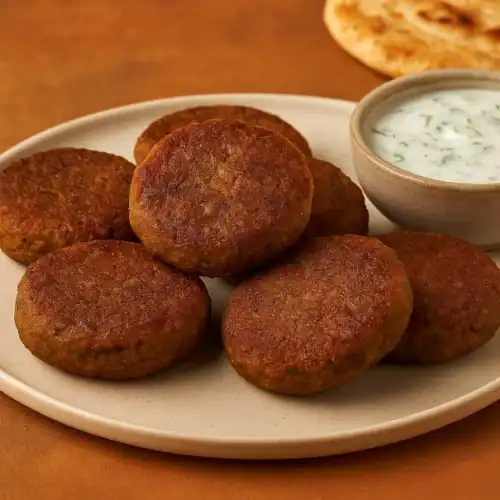 Homemade Shami kebabs served with yogurt raita and naan on a warm rustic background
