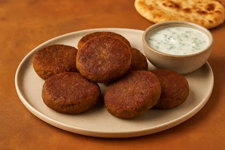 Homemade Shami kebabs served with yogurt raita and naan on a warm rustic background