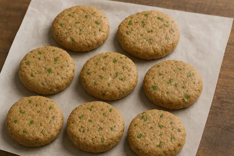 Raw Shami kebab patties arranged on parchment paper, ready for frying