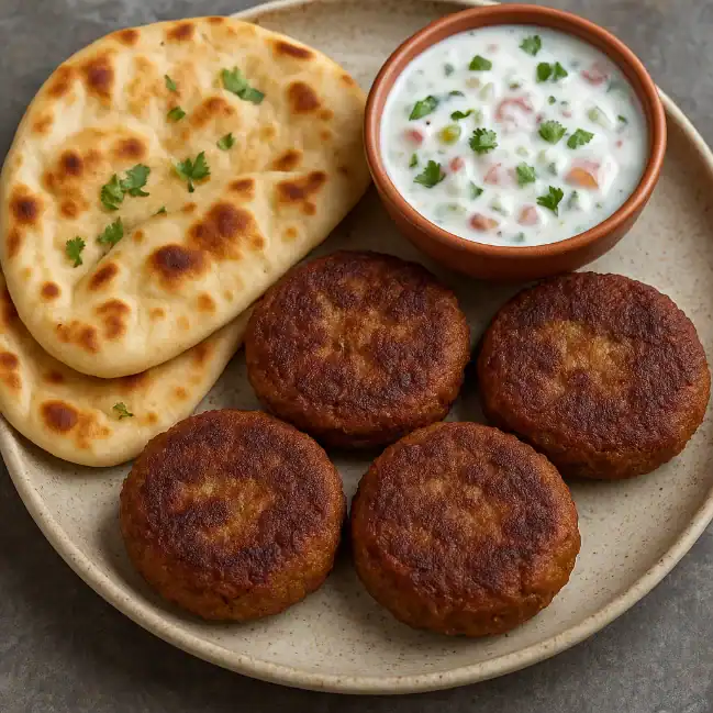 Shami kebabs served with naan and yogurt raita on a ceramic plate
