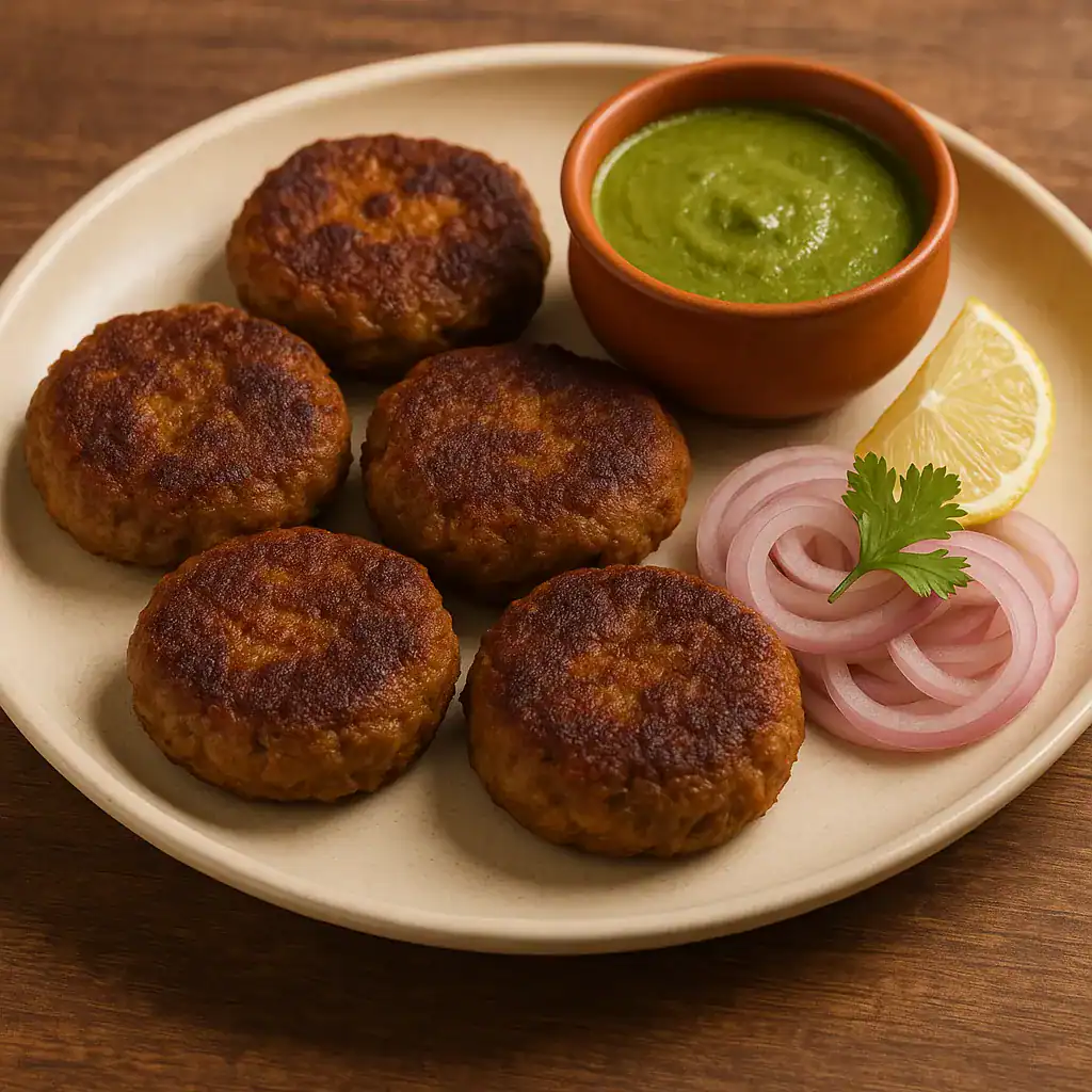Galouti kebabs served on a plate with mint chutney, lemon wedge, and sliced onions.