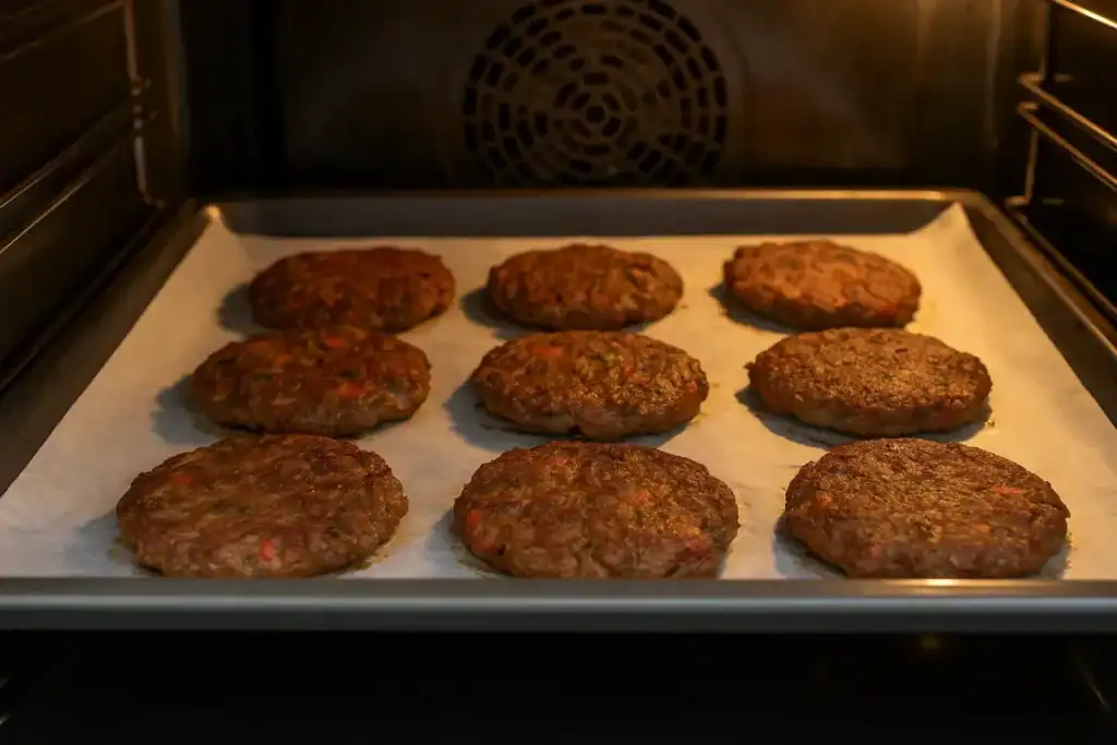 Chapli kebab patties baking in the oven on a parchment-lined tray
