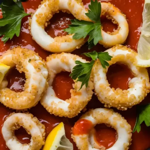 Crispy fried calamari rings on a bed of marinara sauce with lemon slices and fresh parsley.