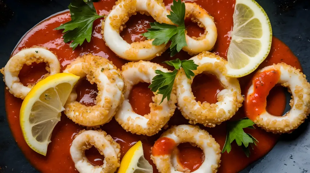 Crispy fried calamari rings on a bed of marinara sauce with lemon slices and fresh parsley.
