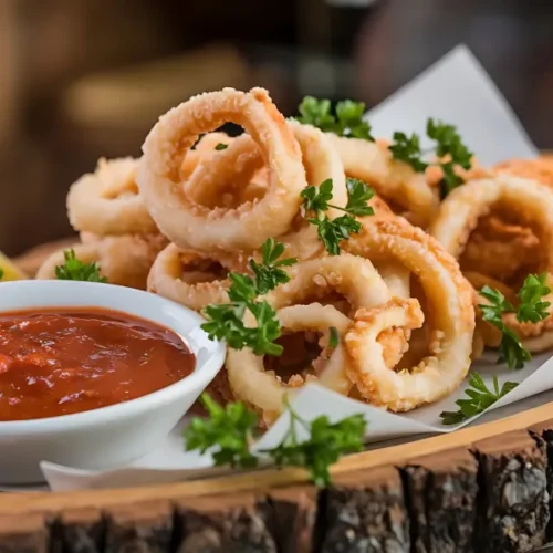 Crispy fried calamari rings served with marinara sauce, lemon wedges, and fresh parsley on a rustic wooden platter.