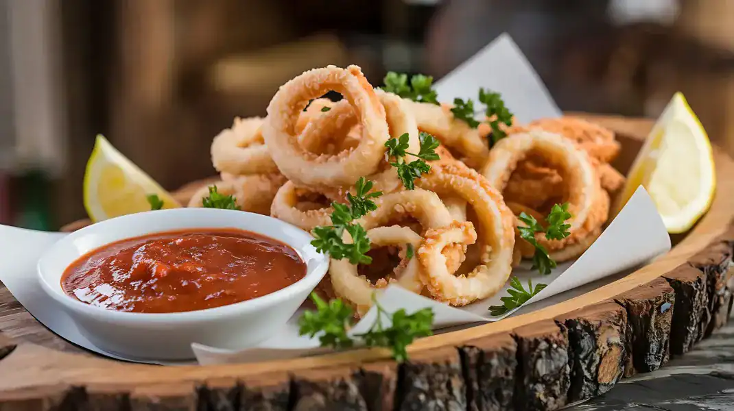 Crispy fried calamari rings served with marinara sauce, lemon wedges, and fresh parsley on a rustic wooden platter.