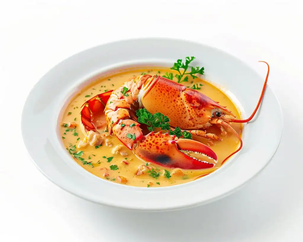 Whole lobster claw and tail served in a bowl of creamy lobster bisque with herbs